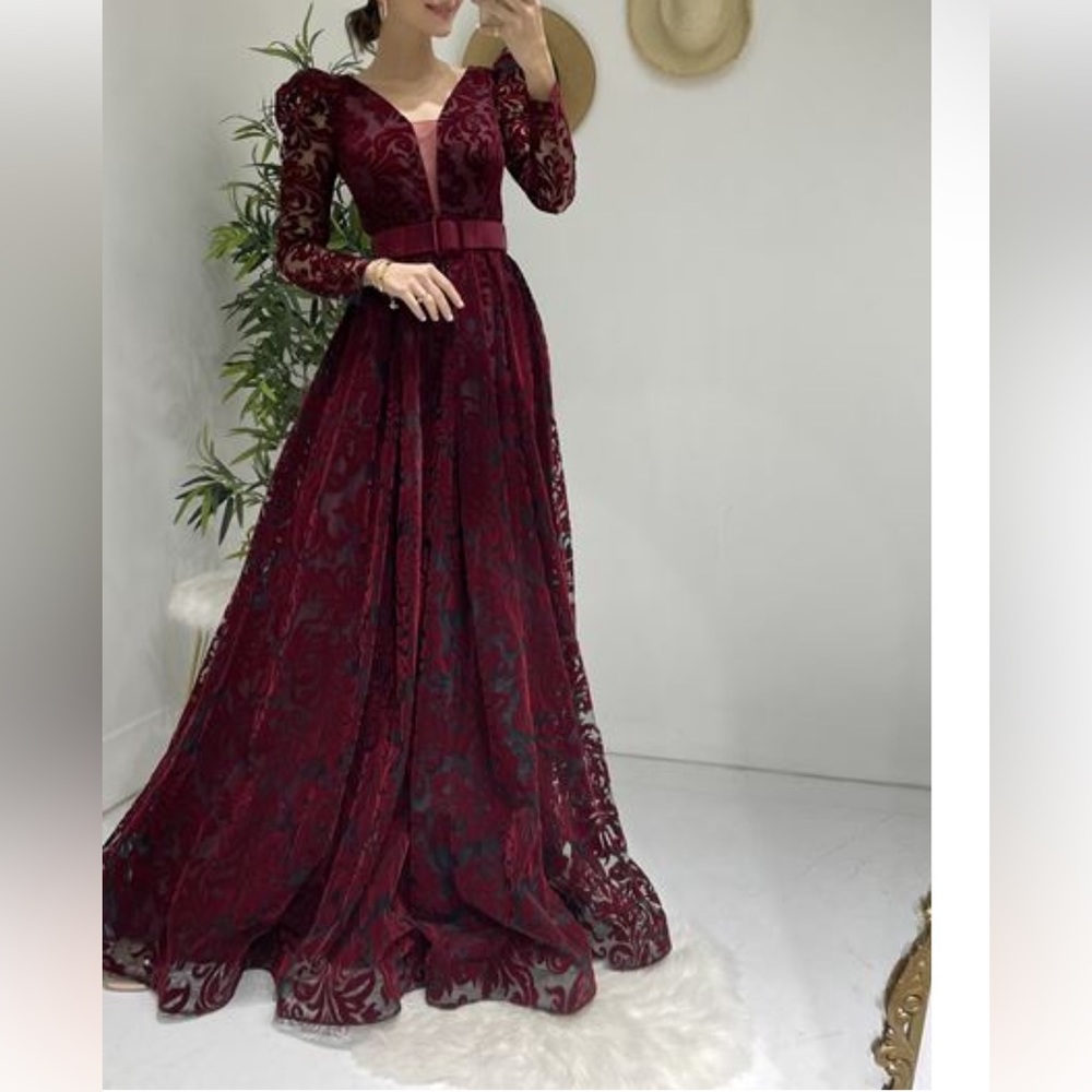 Velvet Printed Maxi Burdungy Evening Dress
